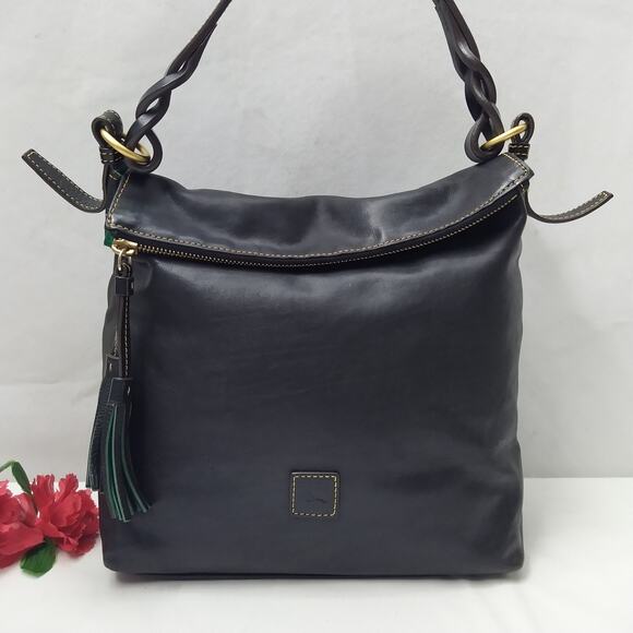 Dooney & Bourke Florentine Black Leather Tassel Zipper Closure Hobo Shoulder Bag - Picture 1 of 16